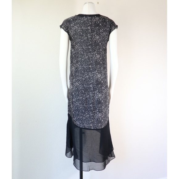 Cap sleeves silk shift dress w/ hi-low chiffon hem - Picture 2 of 12